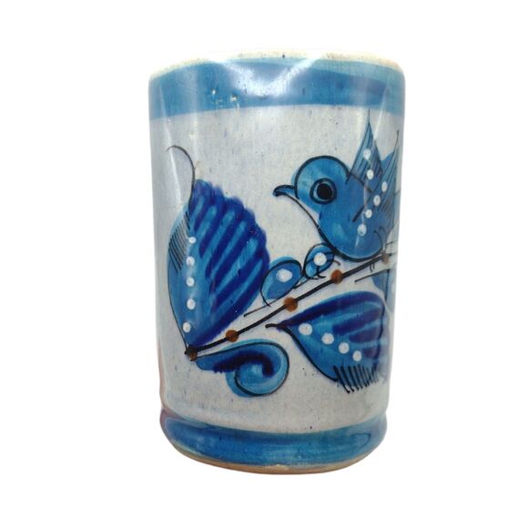 Vintage Art Pottery Coffee Mug Stein With Handle Blue Bird Tonala Mexico 4.5" - Picture 6 of 11